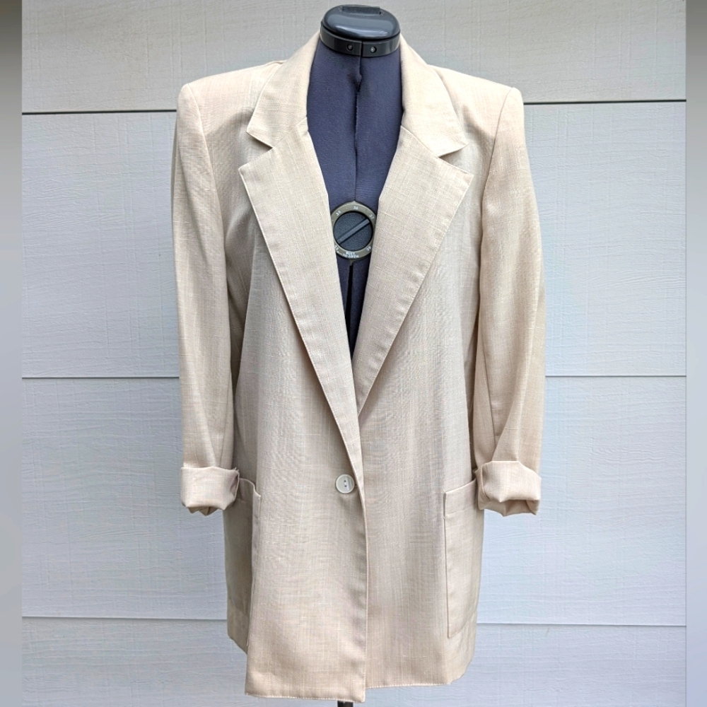 Vintage 90s Linen Women's Cream Boxy Modern Blazer 8 Medium USA Made